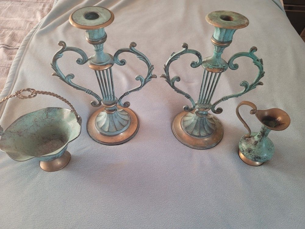 VTG Candelabras Pitcher & basket Greek Rustic Verdigris Vintage Solid Brass