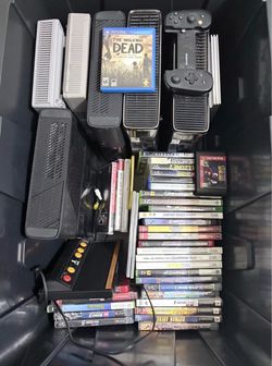 box of older consoles and videogames