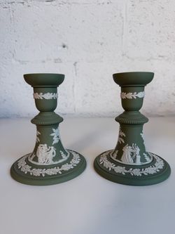 1967 Wedgwood Green Jasperware Candlestick Holders 5” Pair Vintage England