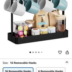New Coffee Mug Holder with 16 Movable Hooks, Metal Coffee Cup Holder for Countertop, 2 Tier Mug Rack with Storage Shelf for Kitchen Office Coffee Mug 