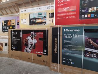 Get Ready For world cup.  98" Screen QLED TCL $999.  100" Hisense Uled $1200.  100" LG ThinQ $1499.  Financing available 1 year Warranty