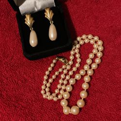 Gold And Beige Pearl Earrings And 16”Pearl Necklace W/ Gold Clasp..Both By MONET 