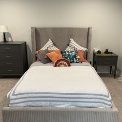 Upholstered Light Gray Queen Bed, Spring Box and Mattress (can also sell separately)