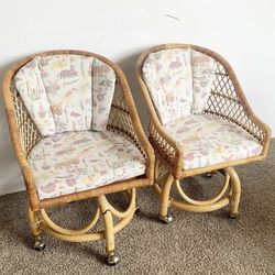 Boho Chic Buri Rattan Swivel Dining Arm Chairs With Multi Color Animal Upholstery - a Pair