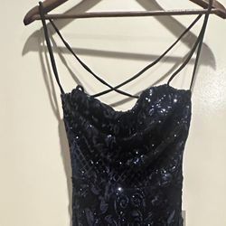 Black Maxi Prom Dress With Blue Sequin Accents 