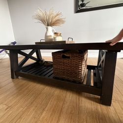 Solid Wood Farmhouse Coffee Table with Lower Shelf – Dark Espresso Finish