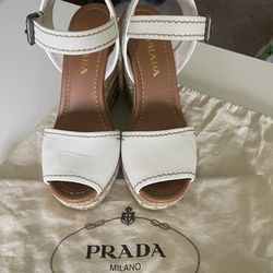 PRADA White Leather Wedge Espadrille Platform Sandals Size 37