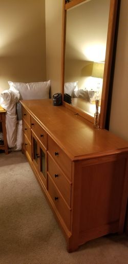 Bedroom furniture: Dresser with mirror, 2 end tables, and armoire