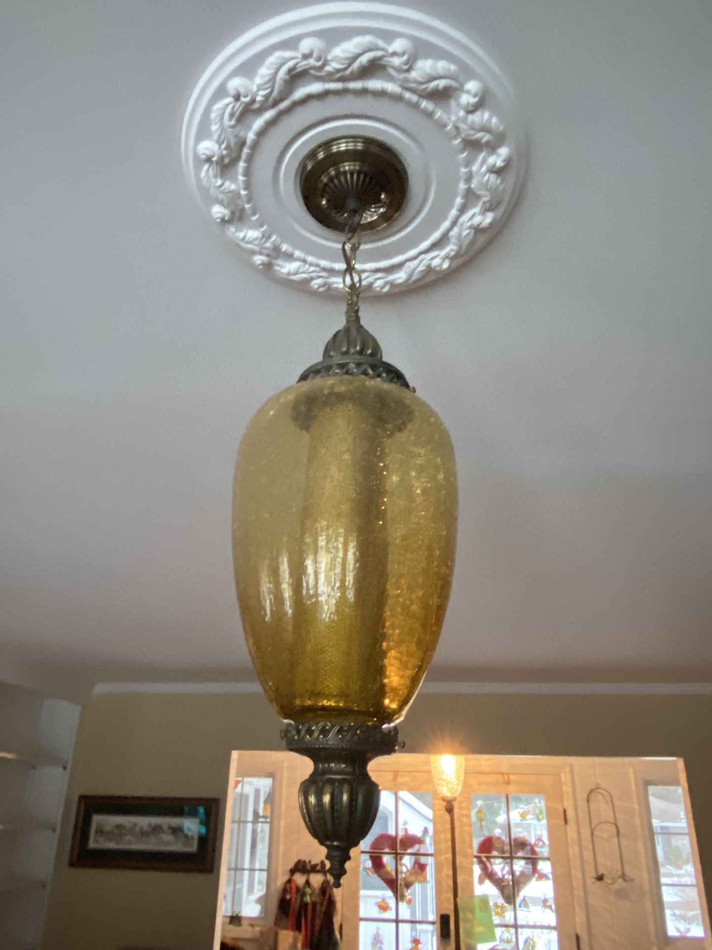 Vintage Amber Crackle Glass Hanging Light 