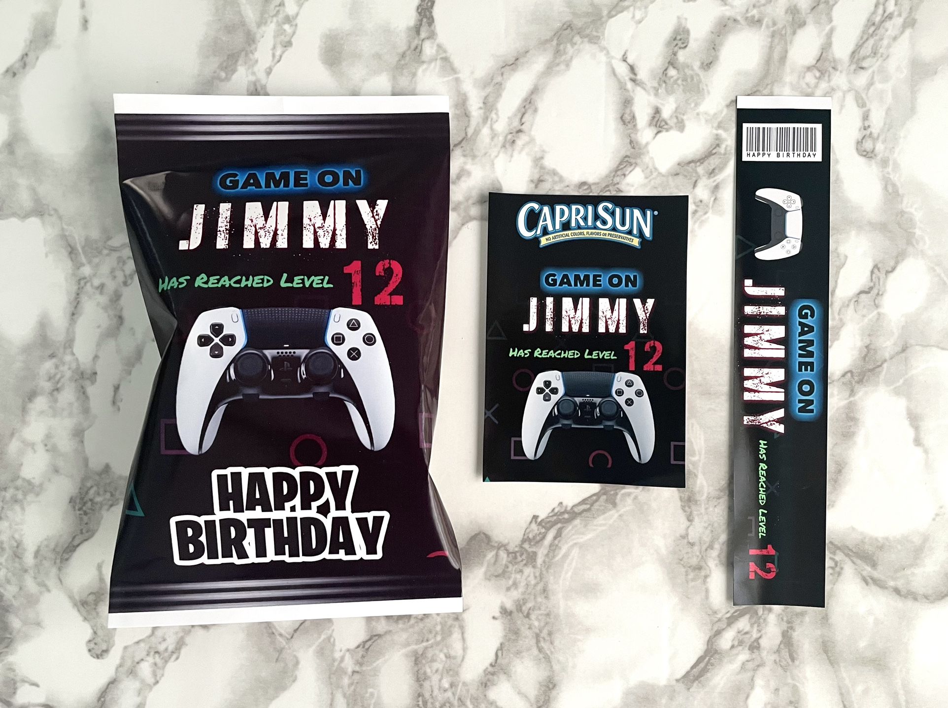 Gamer Birthday Party Theme Labels Stickers Xbox PlayStation Chip Bags Caprisun