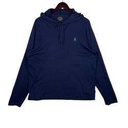 Polo Ralph Lauren Shirt Mens Blue Hooded Tee Pony Logo Pullover Casual SZ LARGE 