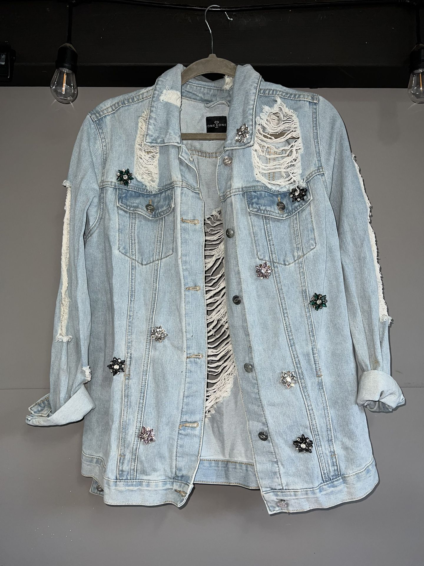 Bejeweled Distressed Denim Jacket