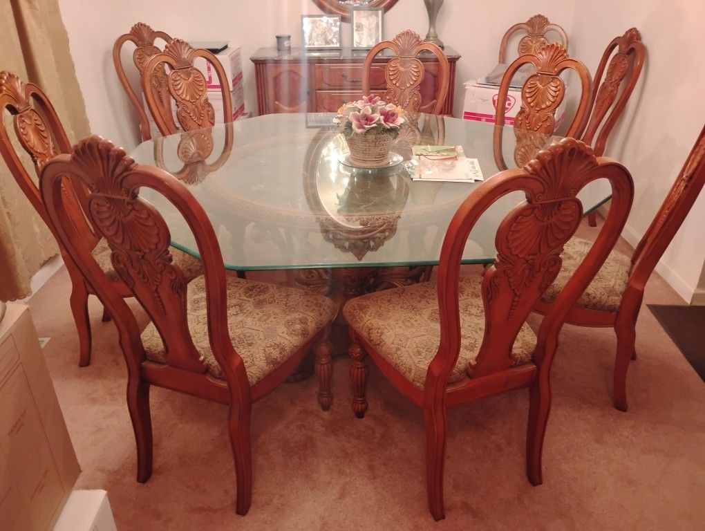 Formal Glass Top Dining Table And Chairs Includes Bar Armoire With Round Mirror And Marble Top