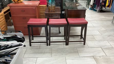 3pc set red faux leather backless bar stool with nailhead trim