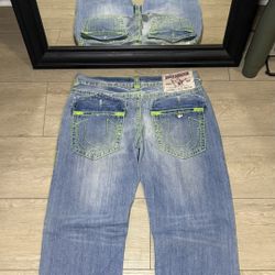 Y2K 2000s True Religion Billy Super T 38 x 30 Green Stitch Embroidery Acid Wash Denim Jeans