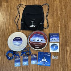 Boeing 787 Dreamliner Premier Aircraft Film Tin, Dreamliner Badges & Boeing 787 Dreamliner Power On Bag