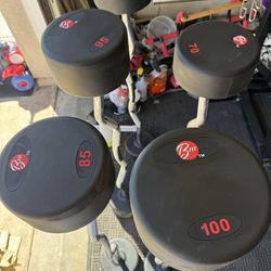 Fixed urethane curl bars pair of 100,95,85,70,75 weights 425lbs total