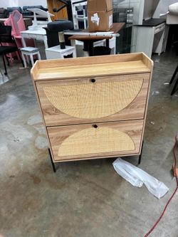 Narrow Two-Drawer Shoe Storage Cabinet with Woven Rattan Doors - Freestanding Entryway Organizer for Compact Spaces