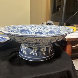 Wildwood Accents 16 ‘’x 6" Blue and White Fancy Koi Porcelain Compote