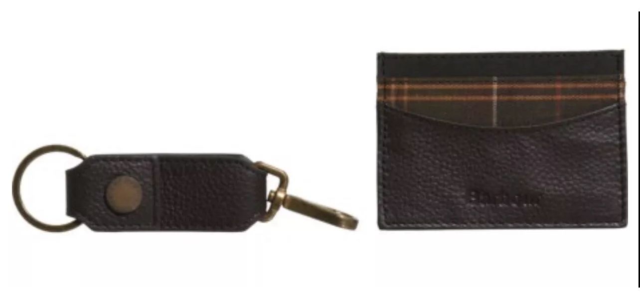 Barbour Clip Key Ring and Small Billfold Gift Set Brown Leather Card Case NIB