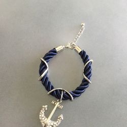 Navy Blue Rope Bracelet With Silver Tone Rhinestone Anchor 