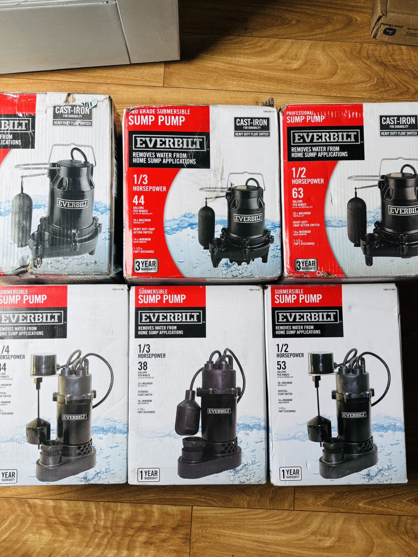Sump Pumps EVERBILT 1/2,1/3,1/4,3/4 Horsepower 34,38,53,63,80 GPM Caster Iron