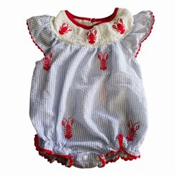 Crawfish Smocked Bubble Romper Baby Girl SZ 6-9M Lobster Ruffle Bodysuit