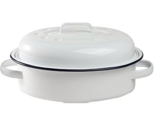 Enameled Roasting Pan with Lid, Covered Roaster Pan Oval Pot Enamelware Cookware, 15.5 Inch, Vintage Farmhouse White