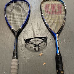 Squash racquet set and protective glasses