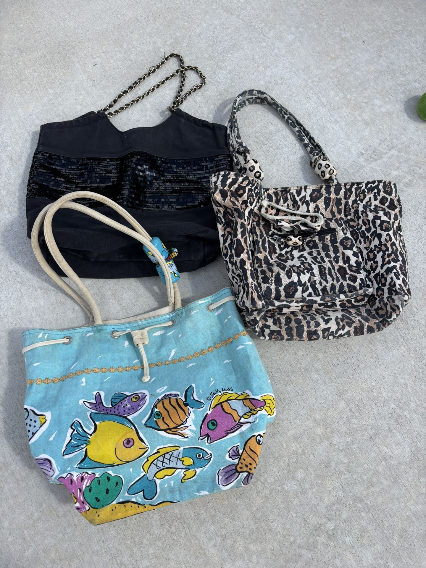DRASTICALLY REDUCED Oversized Sparkly Black Carry Bag, Black&White Leopard Carry Bag, Blue Sparkly Fish Extra Large Bag