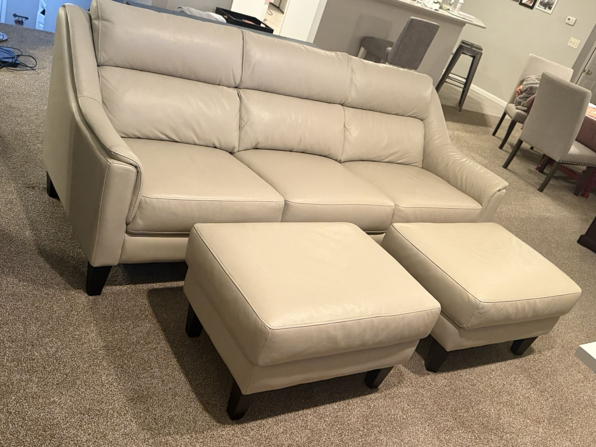 Beige Leather Sofa & Ottomans