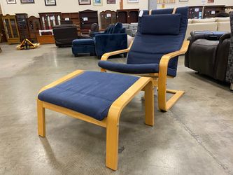IKEA Poang No Stress Navy Blue Recliner with Ottoman and Pillow Attachment
