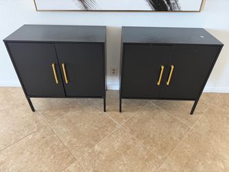 Two Matching Black Storage Cabinets with Gold Handles