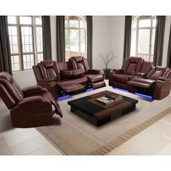 Reddish Brown Leather Reclining Couch Set
