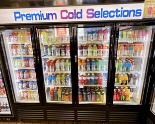 3 Months Old-ALKCOOL FGDR95'' BLACK 93" WIDE FOUR SECTION GLASS DOOR DISPLAY REFRIGERATOR w/ WHEELS