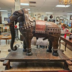 Monumental South Indian Polychrome Carved Wood Elephant, Tamil Nadu