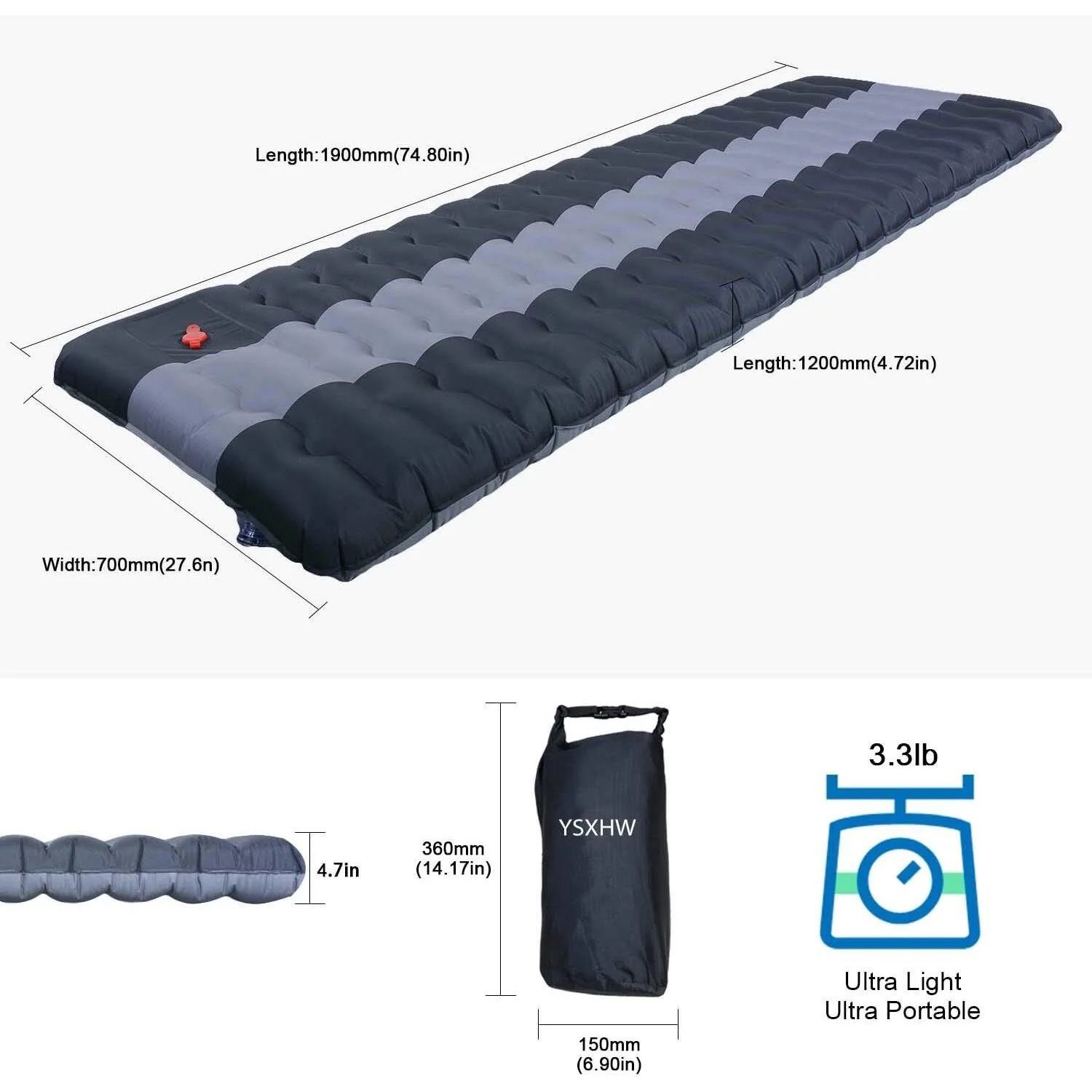 Inflating Camping Pads Thick 4.7 Inch Lightweight Camping Sleeping Pad Ultralight,Compact, Waterproof PVC Inflatable Mat for Tent, Hiking and Backpack