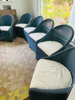 Blue Wicker Barrel Chairs with Cushions