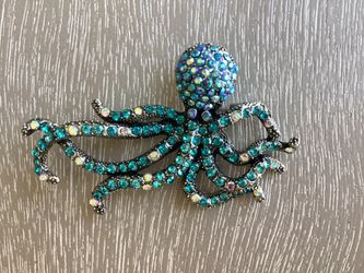 Betsey Johnson Exquisite Silver-Toned Octopus Pendant/Brooch W/ Sparkling Teal, Blue, & Pink Rhinestones