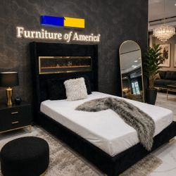 Black King Size Bed Frame  // - No Heater on Fireplace - Flame Box Display Only