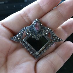 Pendant And Brooch With An Amethyst Stone With Black Onyx Stone Made Of Sterling 925 Rare