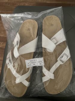Women’s white strappy buckle flat sandals solid casual summer US 11 EU 44