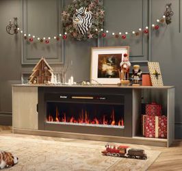70 in. Wash Gray TV Stand with Electric Fireplace, fits up to 75in. Tv, Entertainment center