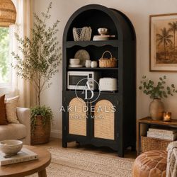63" Arched Kitchen Pantry Cabinet, with Rattan Doors & Adjustable Shelves, Black I-28