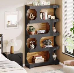 JW0995 71" Tall Bookcase, 4-Tier S-Shaped Bookshelf, Wood Decorative Storage Shelving, Modern Freestanding Display Shelves, Large Library Book Shelf U