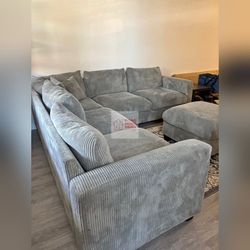 Gray Corduroy Sectional Sofa With Ottoman  