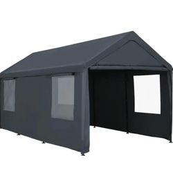  12x20 FT Heavy-Duty Design Carport,Carport Canopy with Side-Opening Removable Door & Roll-Up Window,Portable Car Port for Car, Truck, Boat,Gray 