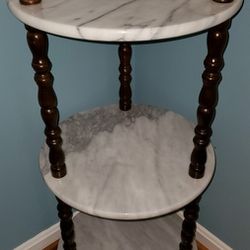 Vintage 3 Tiered Dark Wood Marble Plant Stand 34" Tall 16" Shelves Nice!!!