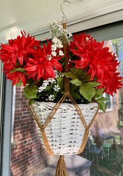 Hanging White Wicker Basket w/ Artificial Red Labyrinth Dahlia