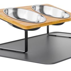 Upgraded Elevated Cat Bowls with Food Mat,15°Tilted Stand Anti Vomiting Raised Cat Dishes for Food and Water,2 Stainless Steel Bowls for Cats and Pupp